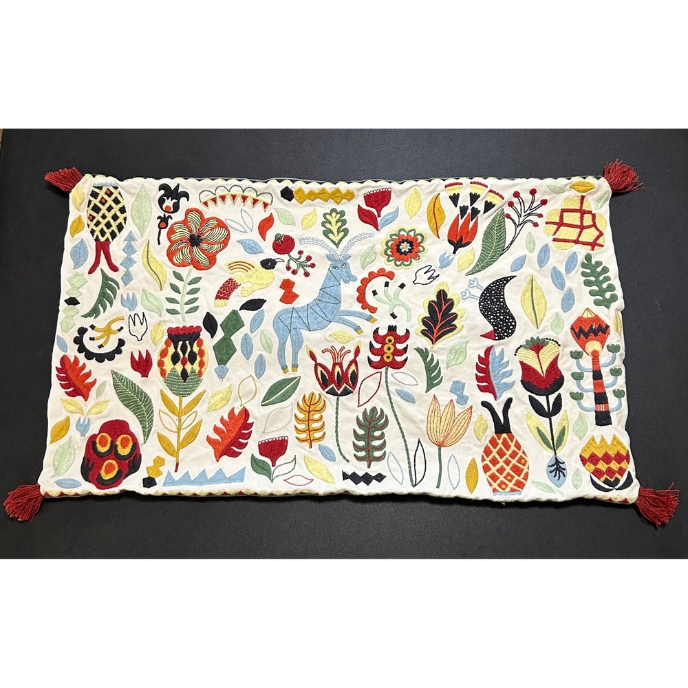 IKEA Rodarv Pillow Cushion Cover Multicolor Boho Folk Art Tassels Embroidered